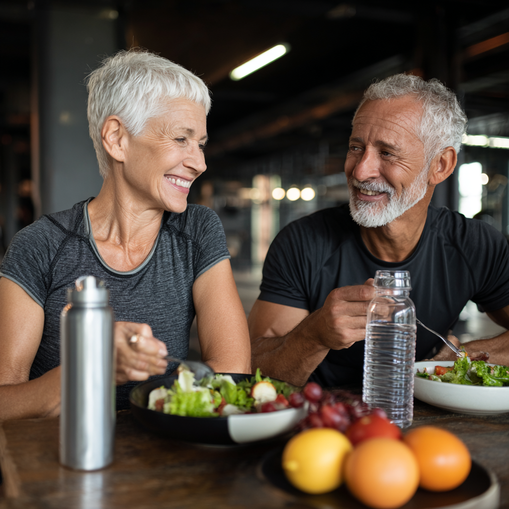 52 years old adults enjoying healthy meal after fitness session